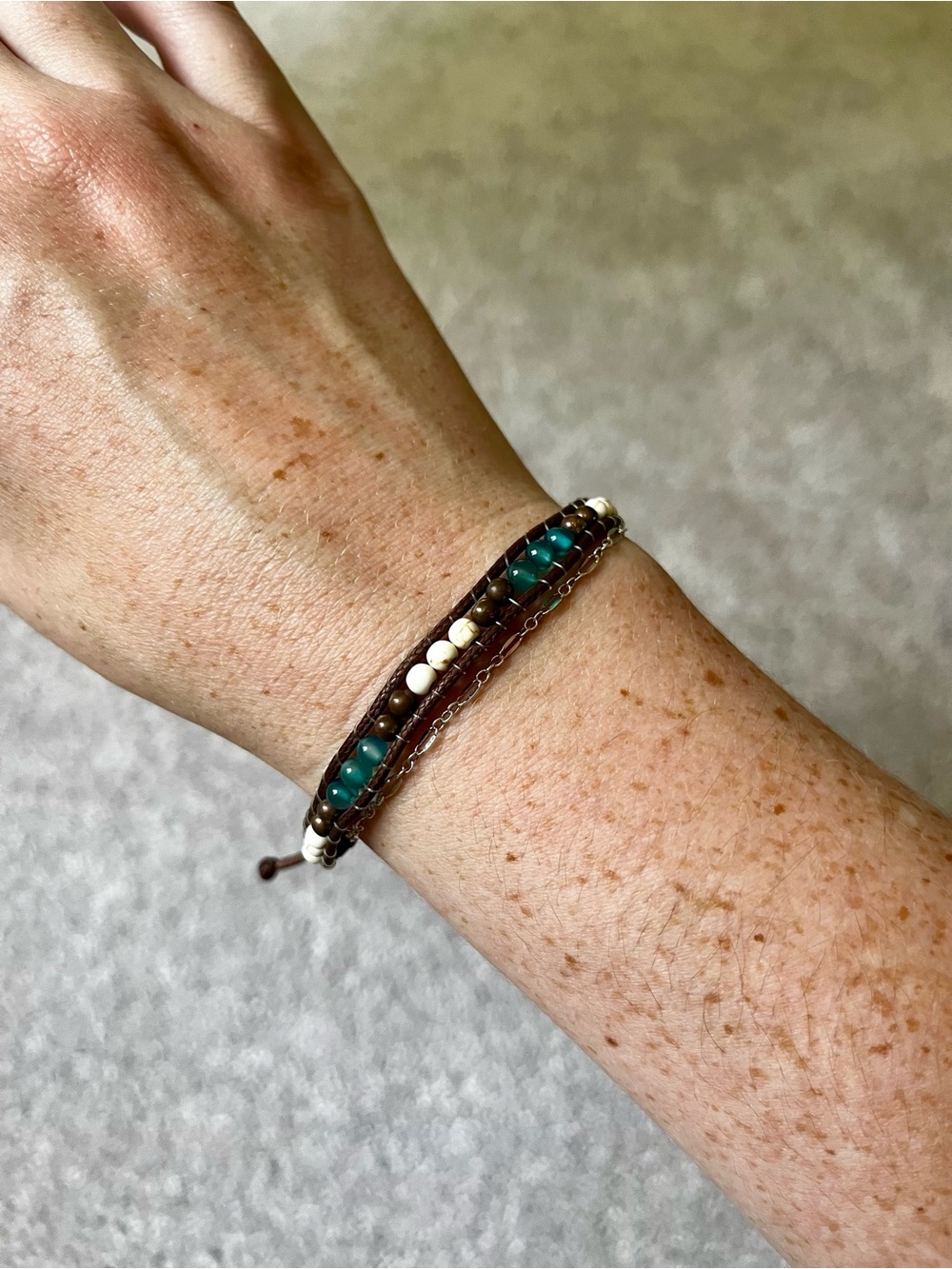 Teal, Brown, and White Beaded Wrap Bracelet